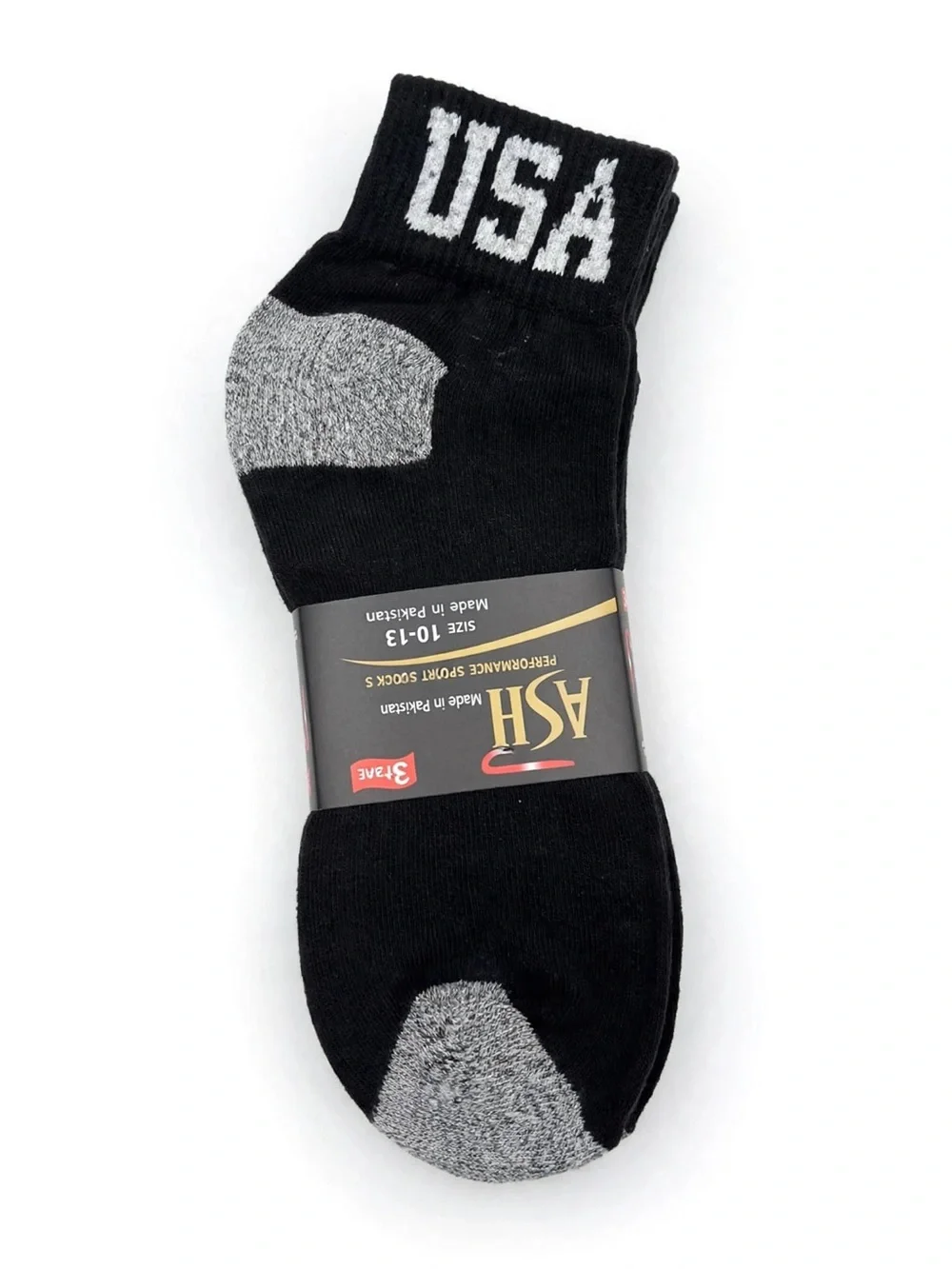 ASH Performance Men’s Black USA Ankle Socks - Gray Heel & Toe 12PACK